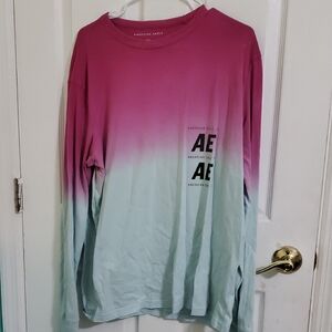 American Eagle Pink Blue Gradient Big Logo Back Graphic Long Sleeve Shirt L